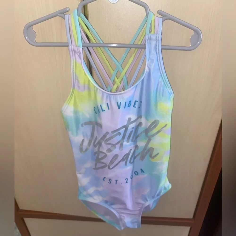 Justice Girls Tie Dye Graphic One Piece Swimsuit S 7/8 Strappy Back